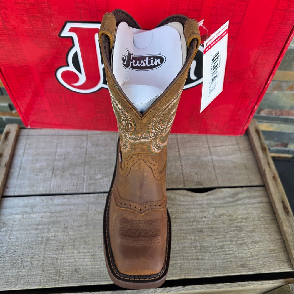 Justin Boots INJI Brown Water Buffalo Wide Square Toe Boots Size 6.5B GY9984 NEW - Picture 16 of 16